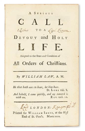 LAW, WILLIAM. A Serious Call to a Devout and Holy Life.  1729